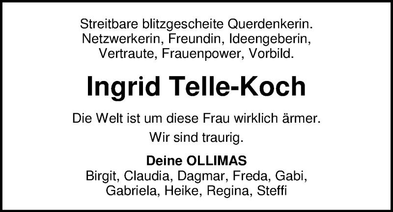  Traueranzeige für Ingrid  Telle-Koch vom 29.07.2014 aus Nordwest-Zeitung