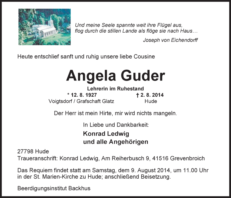  Traueranzeige für Angela Guder vom 05.08.2014 aus Nordwest-Zeitung