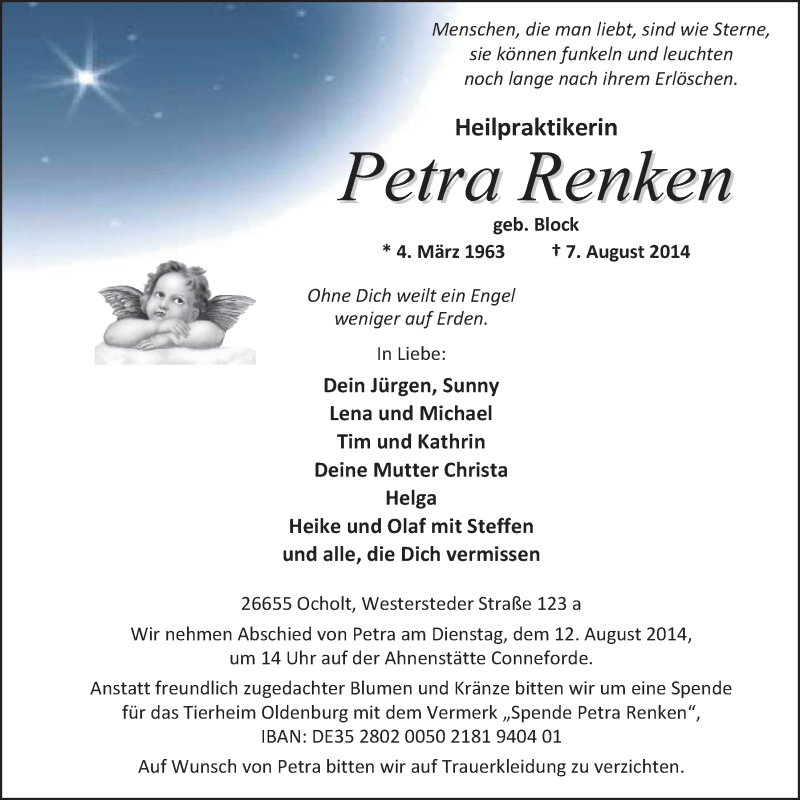  Traueranzeige für Petra Renken vom 09.08.2014 aus Nordwest-Zeitung