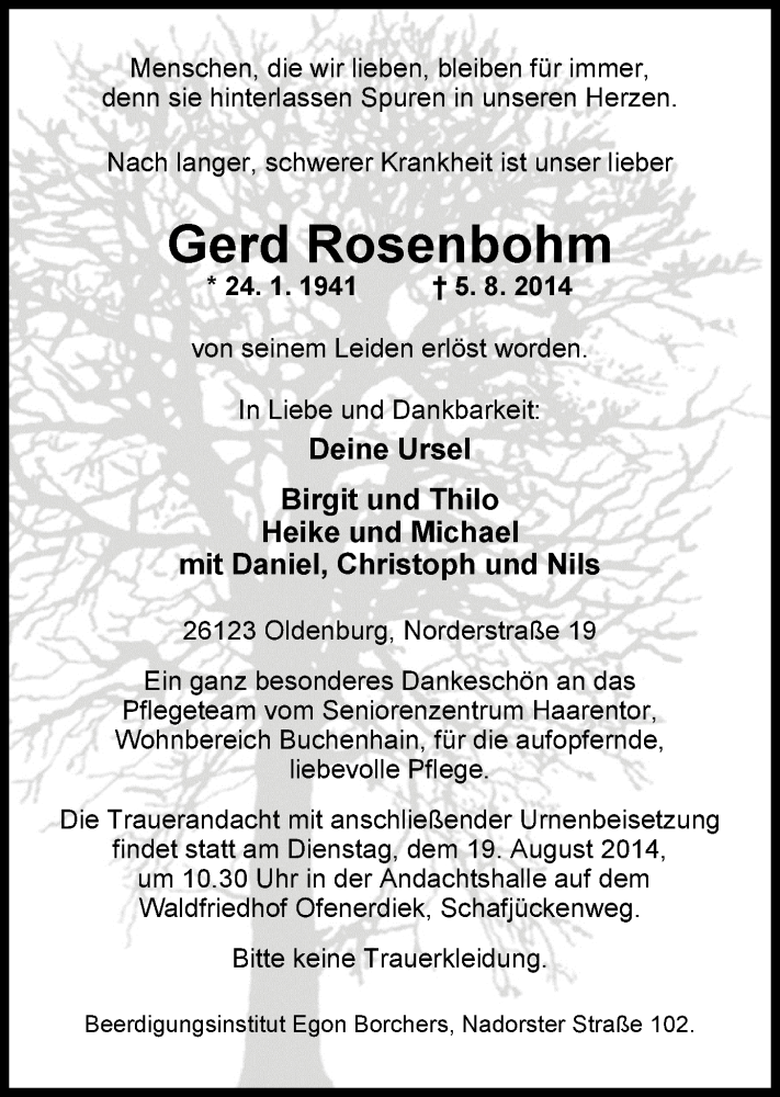  Traueranzeige für Gerd Rosenbohm vom 12.08.2014 aus Nordwest-Zeitung