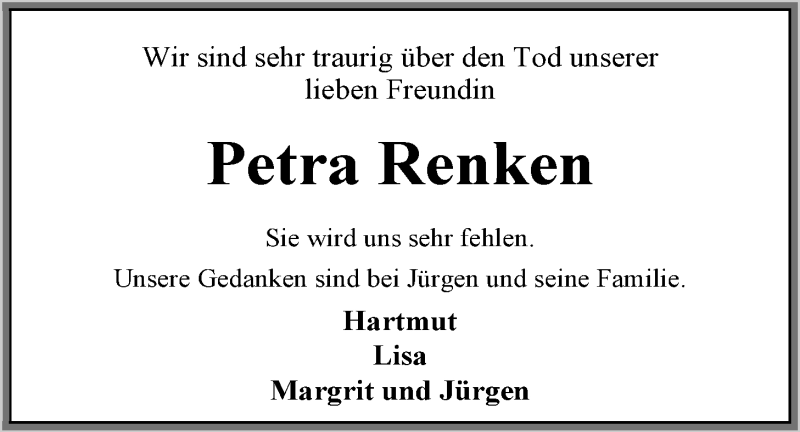  Traueranzeige für Petra Renken vom 09.08.2014 aus Nordwest-Zeitung