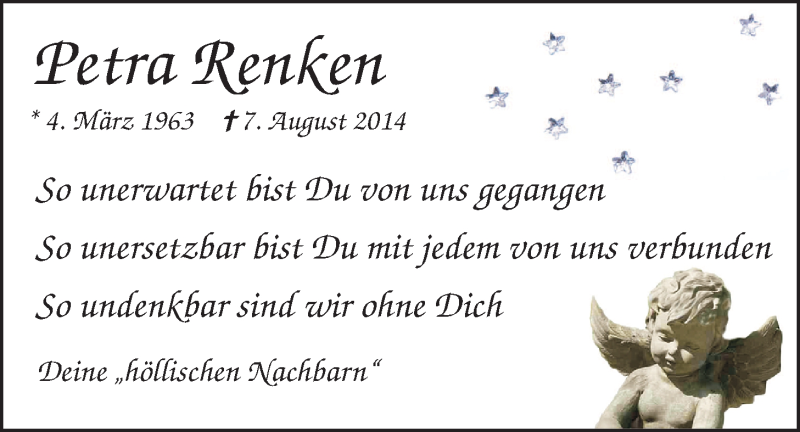  Traueranzeige für Petra Renken vom 11.08.2014 aus Nordwest-Zeitung
