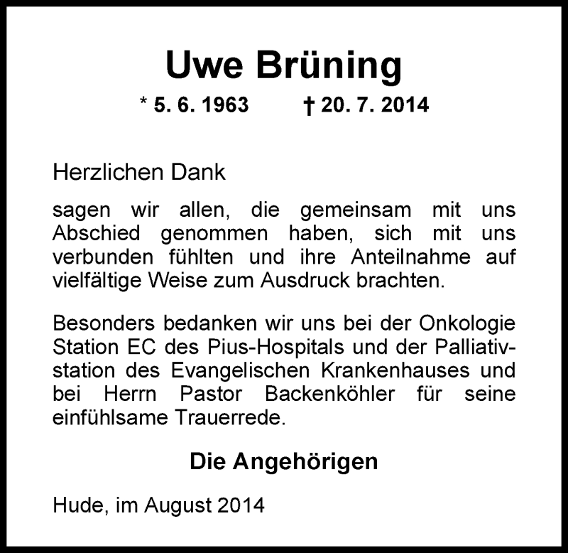  Traueranzeige für Uwe Brüning vom 30.08.2014 aus Nordwest-Zeitung