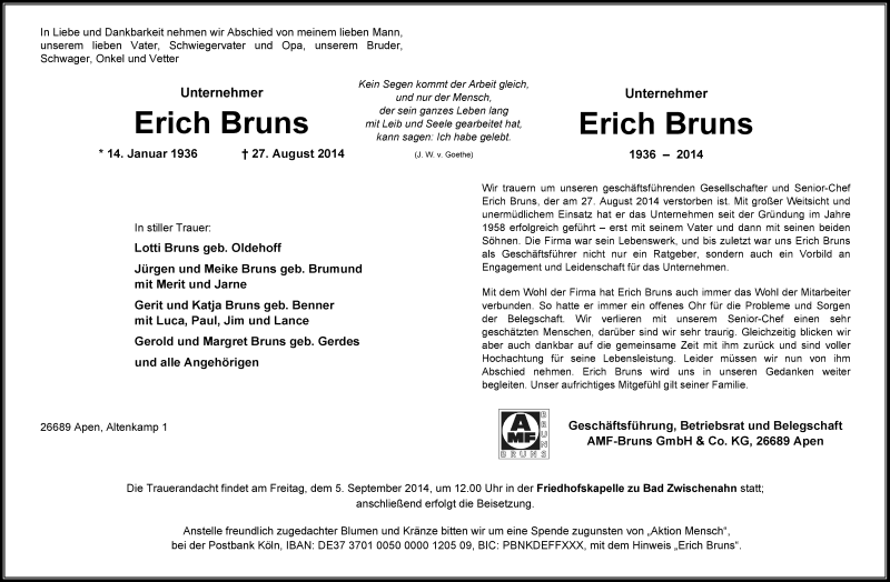  Traueranzeige für Erich Bruns vom 30.08.2014 aus Nordwest-Zeitung