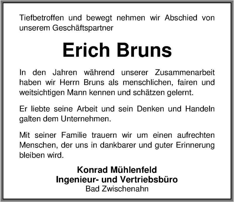  Traueranzeige für Erich Bruns vom 30.08.2014 aus Nordwest-Zeitung