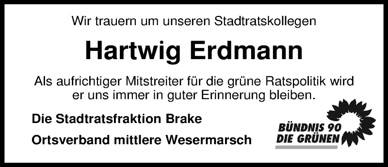  Traueranzeige für Hartwig Erdmann vom 30.08.2014 aus Nordwest-Zeitung