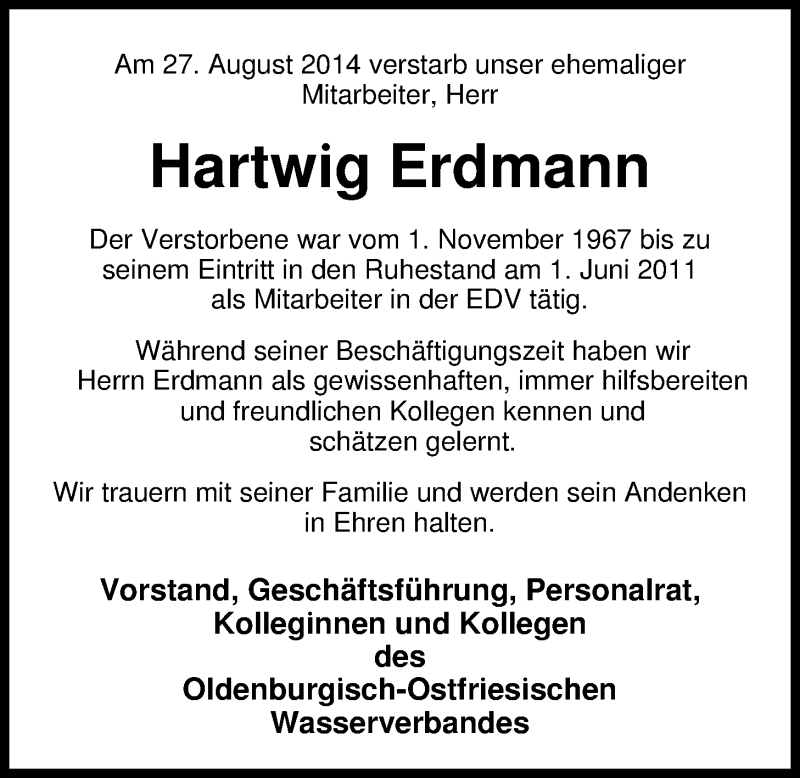  Traueranzeige für Hartwig Erdmann vom 30.08.2014 aus Nordwest-Zeitung