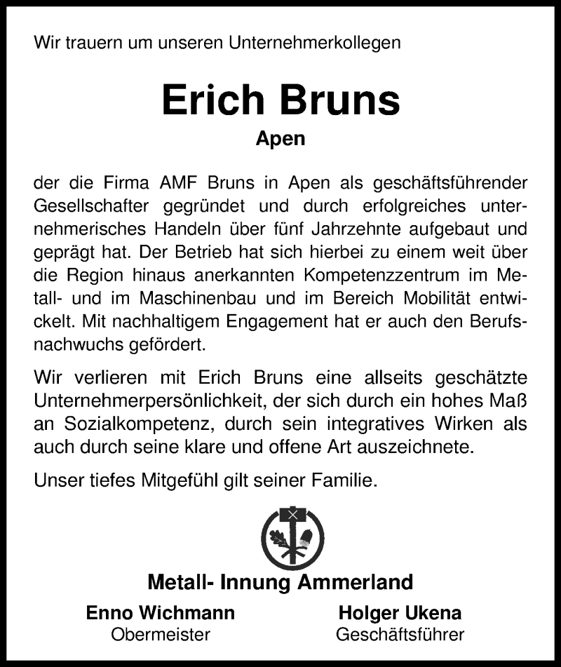  Traueranzeige für Erich Bruns vom 02.09.2014 aus Nordwest-Zeitung