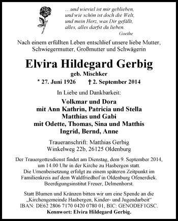 Traueranzeigen Von Elvira Hildegard Gerbig Nordwest Trauer De