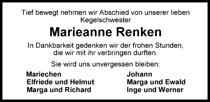  Traueranzeige für Marieanne Renken vom 05.09.2014 aus Nordwest-Zeitung