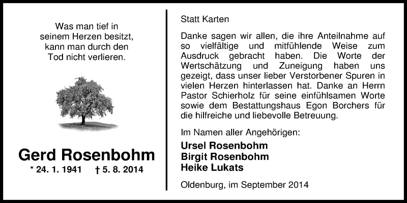  Traueranzeige für Gerd Rosenbohm vom 13.09.2014 aus Nordwest-Zeitung