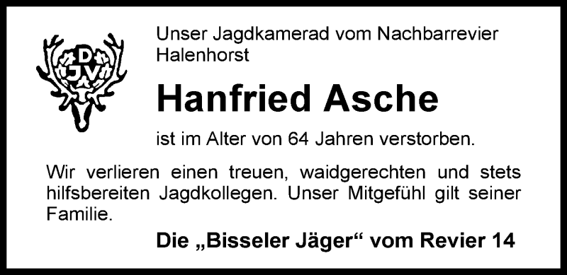  Traueranzeige für Hanfried Asche vom 10.09.2014 aus Nordwest-Zeitung