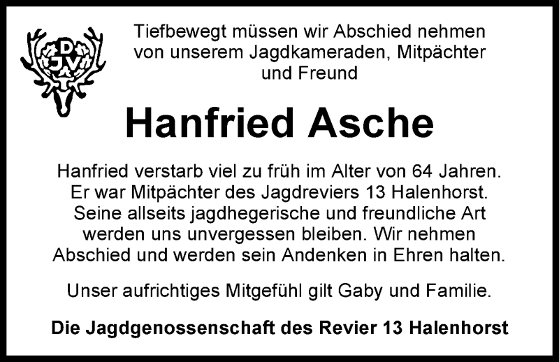  Traueranzeige für Hanfried Asche vom 10.09.2014 aus Nordwest-Zeitung