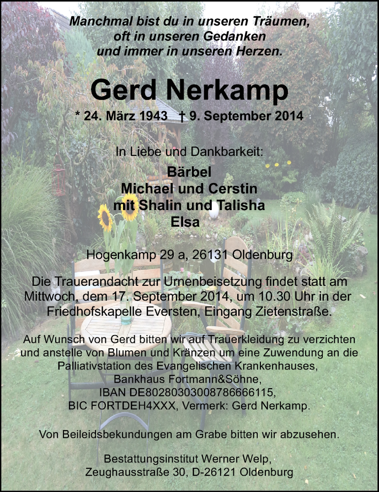  Traueranzeige für Gerd Nerkamp vom 13.09.2014 aus Nordwest-Zeitung