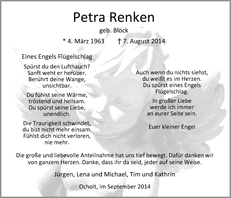  Traueranzeige für Petra Renken vom 20.09.2014 aus Nordwest-Zeitung