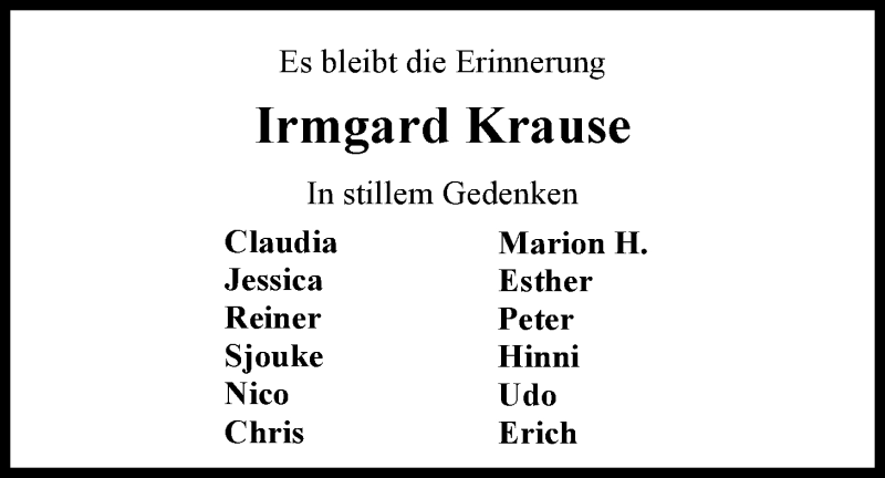  Traueranzeige für Irmgard Krause vom 19.09.2014 aus Nordwest-Zeitung