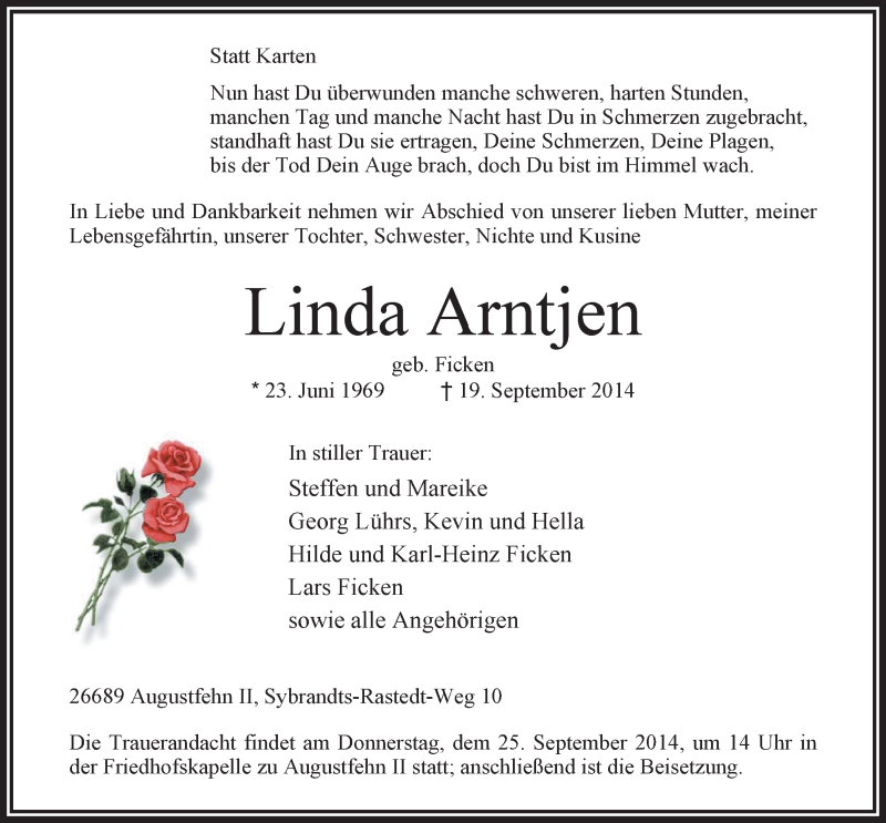  Traueranzeige für Linda Arntjen vom 22.09.2014 aus Nordwest-Zeitung