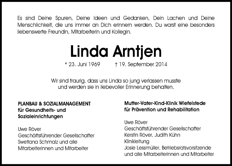  Traueranzeige für Linda Arntjen vom 23.09.2014 aus Nordwest-Zeitung