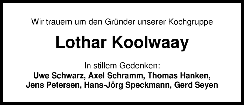  Traueranzeige für Lothar Koolwaay vom 30.09.2014 aus Nordwest-Zeitung