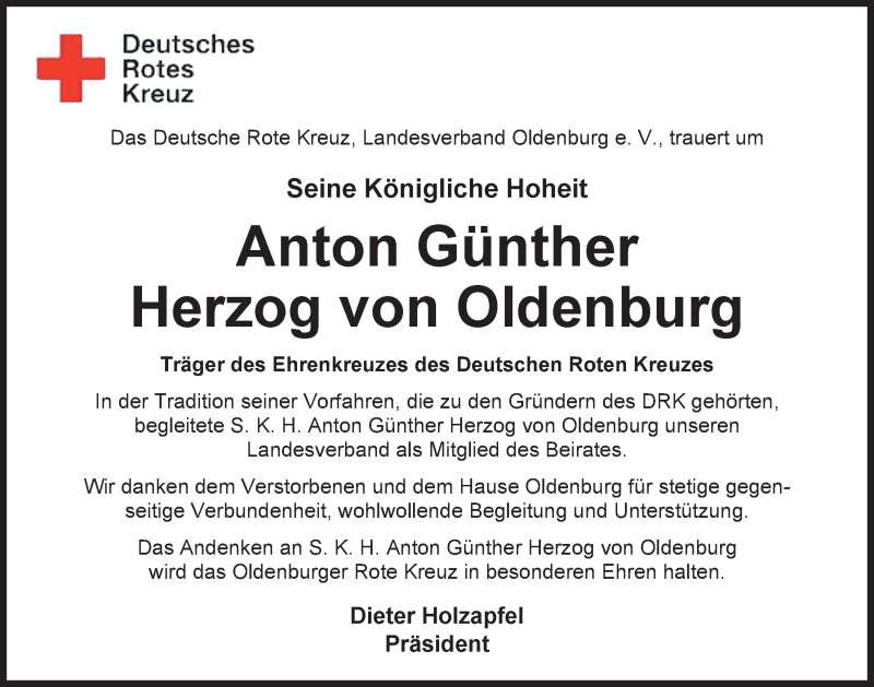  Traueranzeige für Anton Günther  Herzog von Oldenburg vom 25.09.2014 aus Nordwest-Zeitung