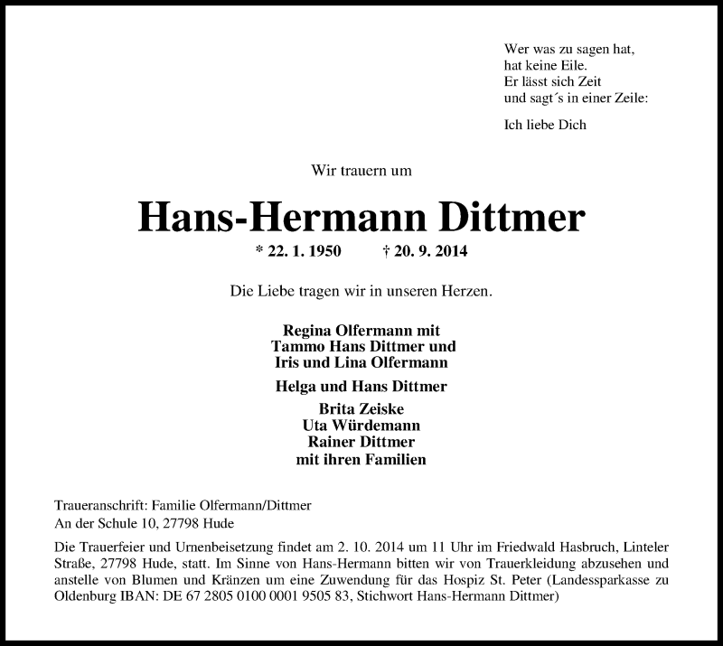  Traueranzeige für Hans-Hermann Dittmer vom 27.09.2014 aus Nordwest-Zeitung