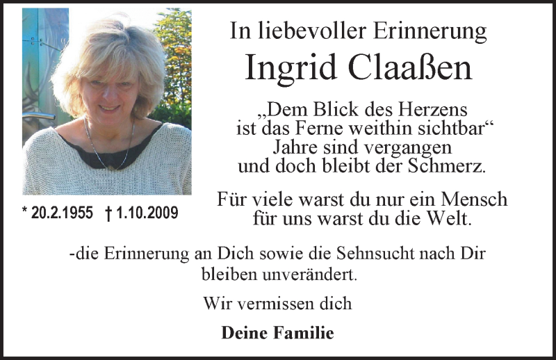  Traueranzeige für Ingrid Claaßen vom 01.10.2014 aus Nordwest-Zeitung