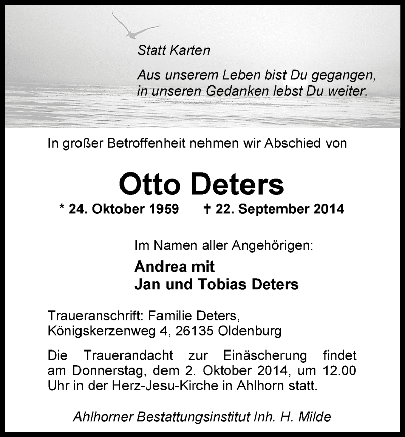  Traueranzeige für Otto Deters vom 30.09.2014 aus Nordwest-Zeitung