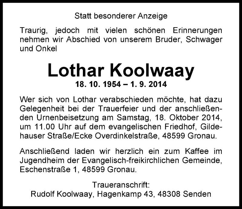  Traueranzeige für Lothar Koolwaay vom 30.09.2014 aus Nordwest-Zeitung