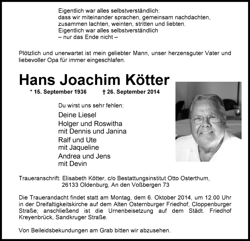  Traueranzeige für Hans Joachim Kötter vom 30.09.2014 aus Nordwest-Zeitung