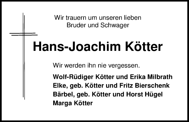  Traueranzeige für Hans Joachim Kötter vom 01.10.2014 aus Nordwest-Zeitung