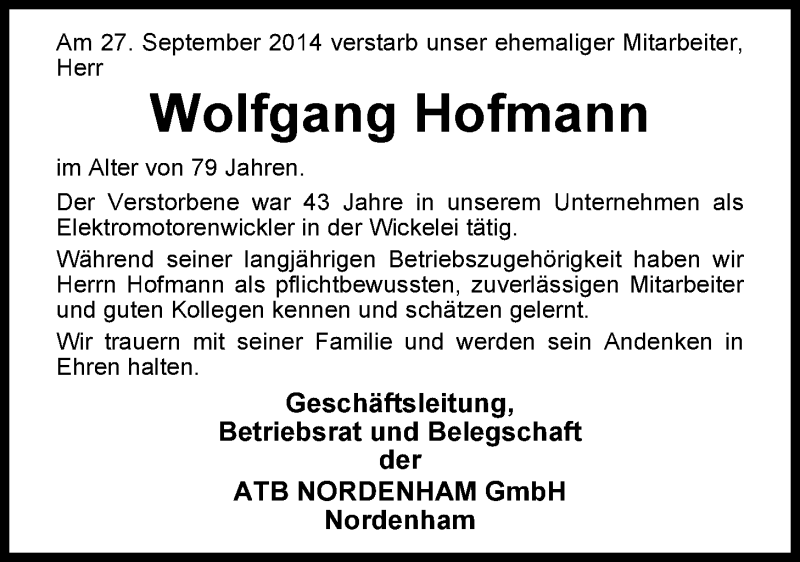 Traueranzeigen Von Wolfgang Hofmann Nordwest Trauer De