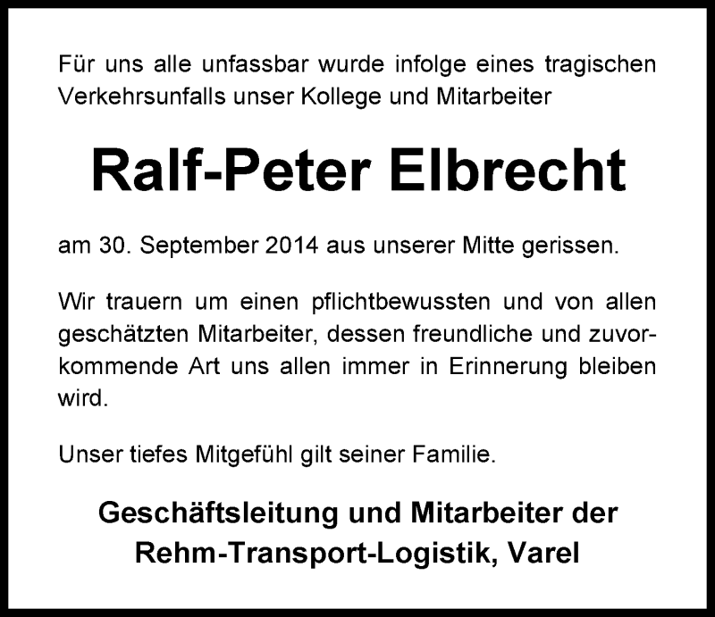  Traueranzeige für Ralf-Peter Elbrecht vom 17.10.2014 aus Nordwest-Zeitung