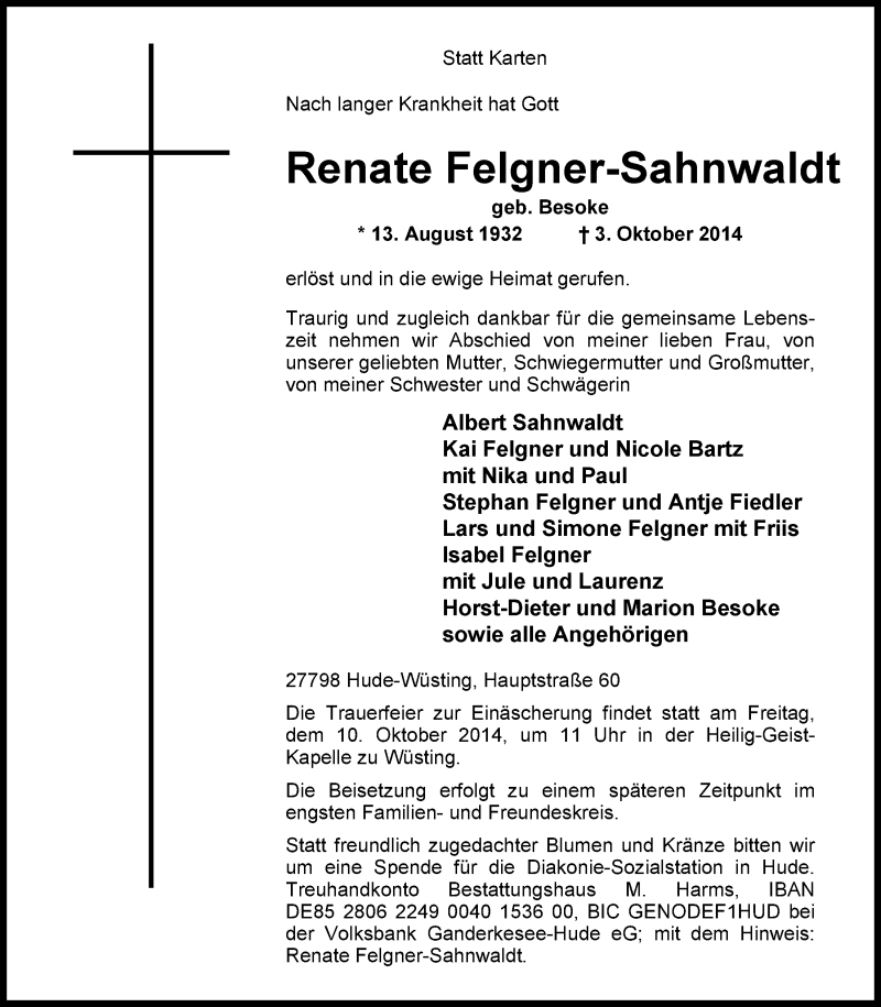  Traueranzeige für Renate Felgner-Sahnwaldt vom 07.10.2014 aus Nordwest-Zeitung