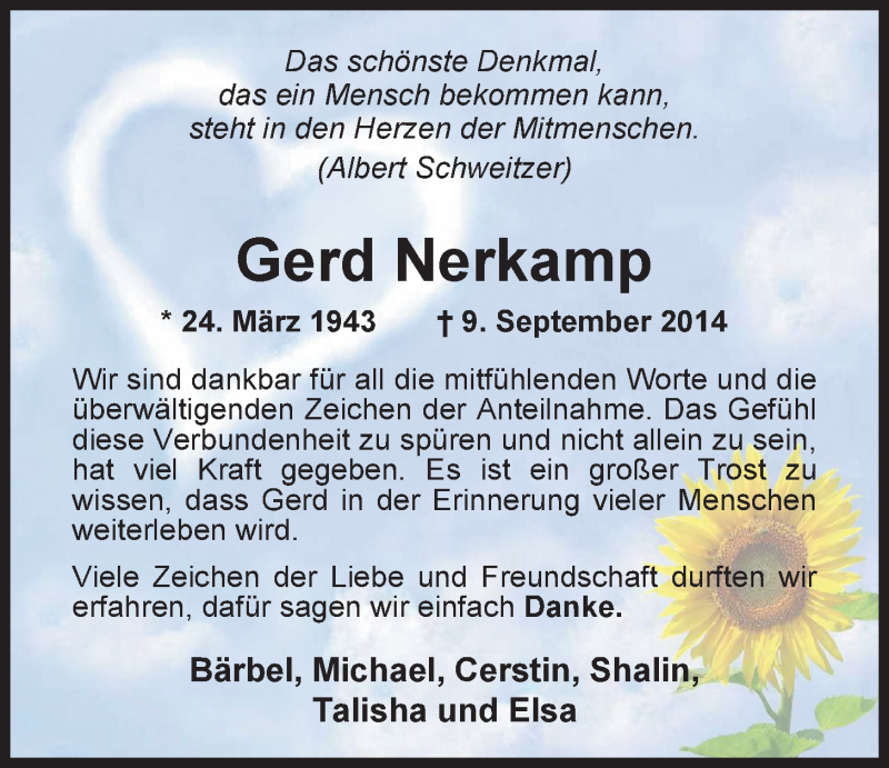 Traueranzeige für Gerd Nerkamp vom 18.10.2014 aus Nordwest-Zeitung