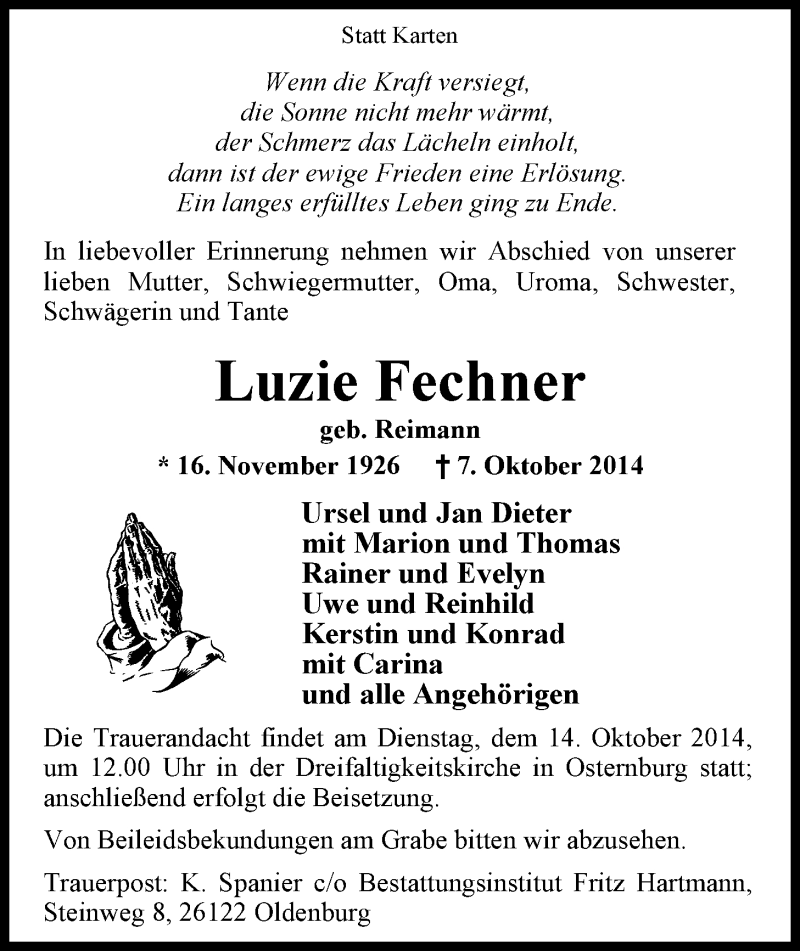  Traueranzeige für Luzie Fechner vom 10.10.2014 aus Nordwest-Zeitung
