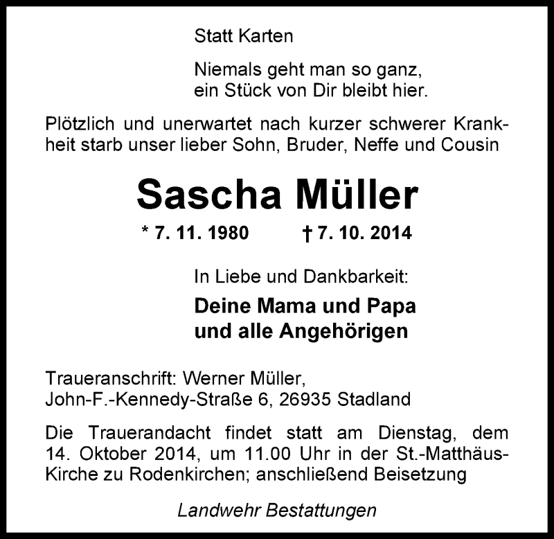  Traueranzeige für Sascha Müller vom 10.10.2014 aus Nordwest-Zeitung