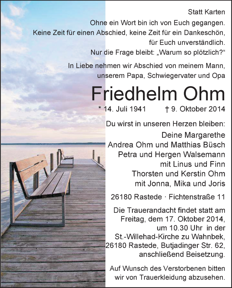  Traueranzeige für Friedhelm Ohm vom 14.10.2014 aus Nordwest-Zeitung