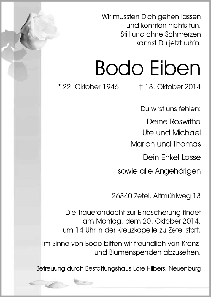  Traueranzeige für Bodo Eiben vom 15.10.2014 aus Nordwest-Zeitung