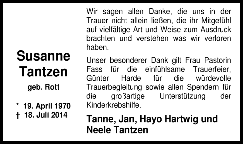  Traueranzeige für Susanne Tantzen vom 17.10.2014 aus Nordwest-Zeitung