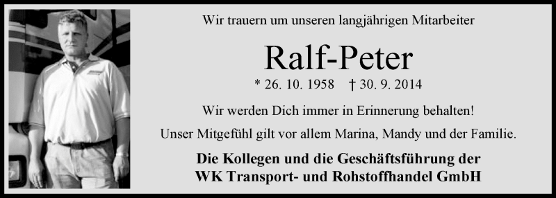  Traueranzeige für Ralf-Peter Elbrecht vom 18.10.2014 aus Nordwest-Zeitung