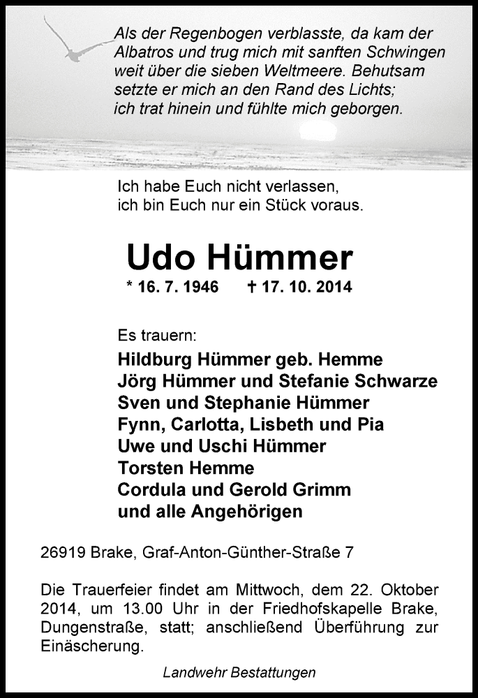  Traueranzeige für Udo Hümmer vom 20.10.2014 aus Nordwest-Zeitung