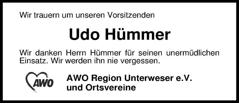  Traueranzeige für Udo Hümmer vom 21.10.2014 aus Nordwest-Zeitung
