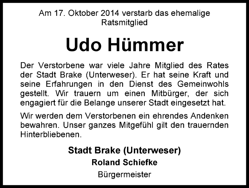  Traueranzeige für Udo Hümmer vom 21.10.2014 aus Nordwest-Zeitung