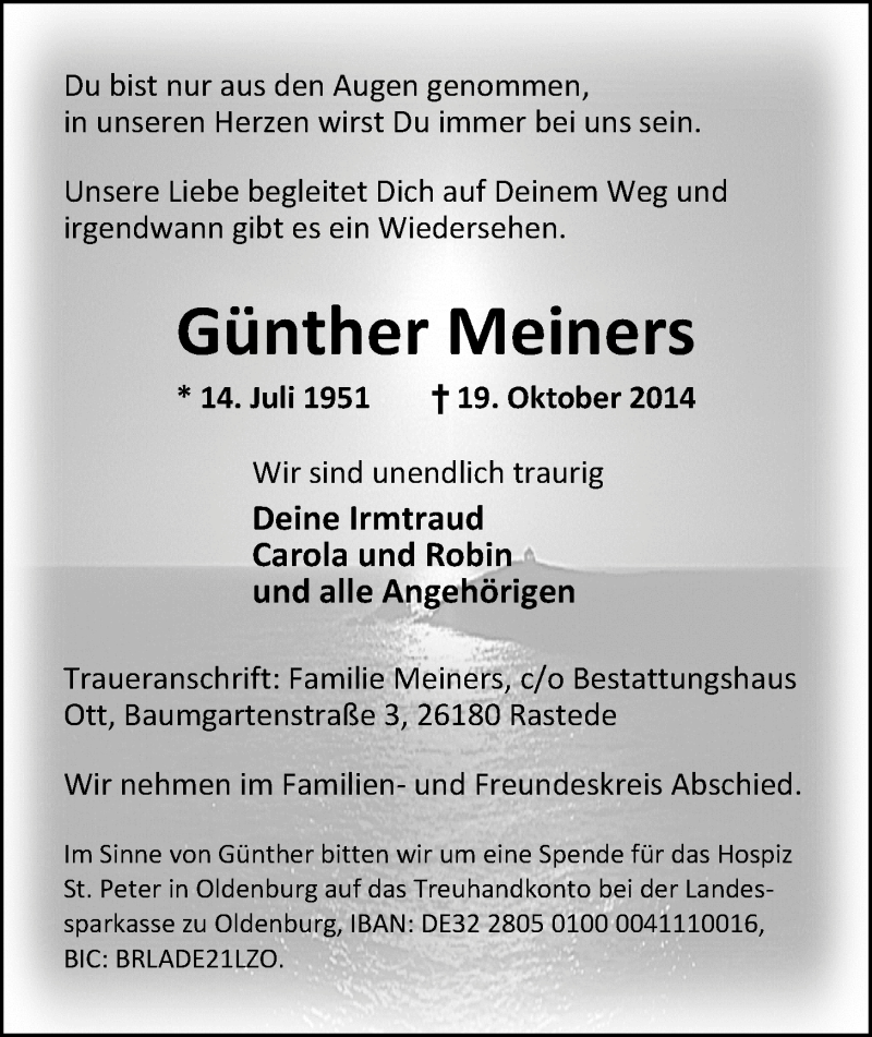  Traueranzeige für Günther Meiners vom 24.10.2014 aus Nordwest-Zeitung
