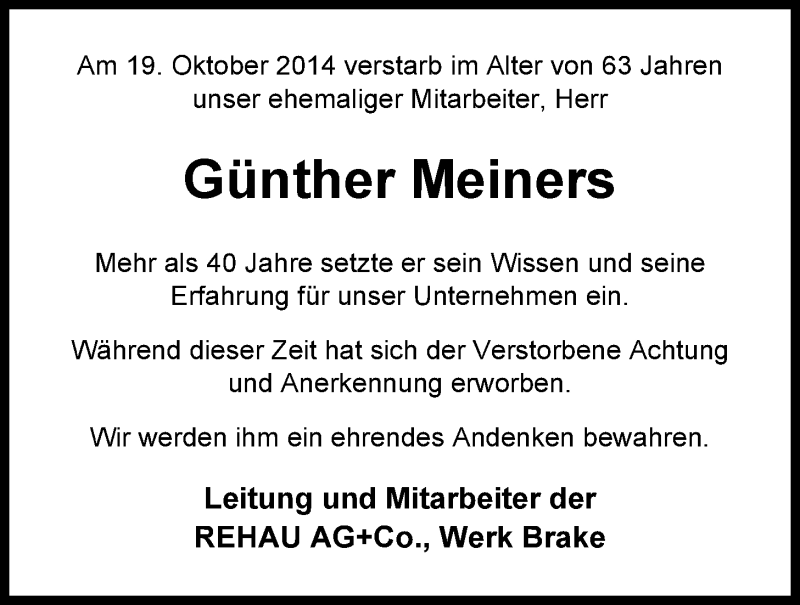  Traueranzeige für Günther Meiners vom 25.10.2014 aus Nordwest-Zeitung