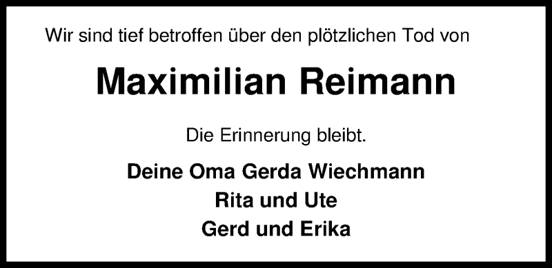  Traueranzeige für Maximilian Reimann vom 29.10.2014 aus Nordwest-Zeitung
