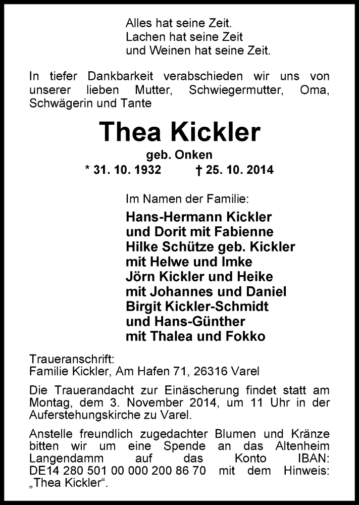  Traueranzeige für Thea Kickler vom 29.10.2014 aus Nordwest-Zeitung