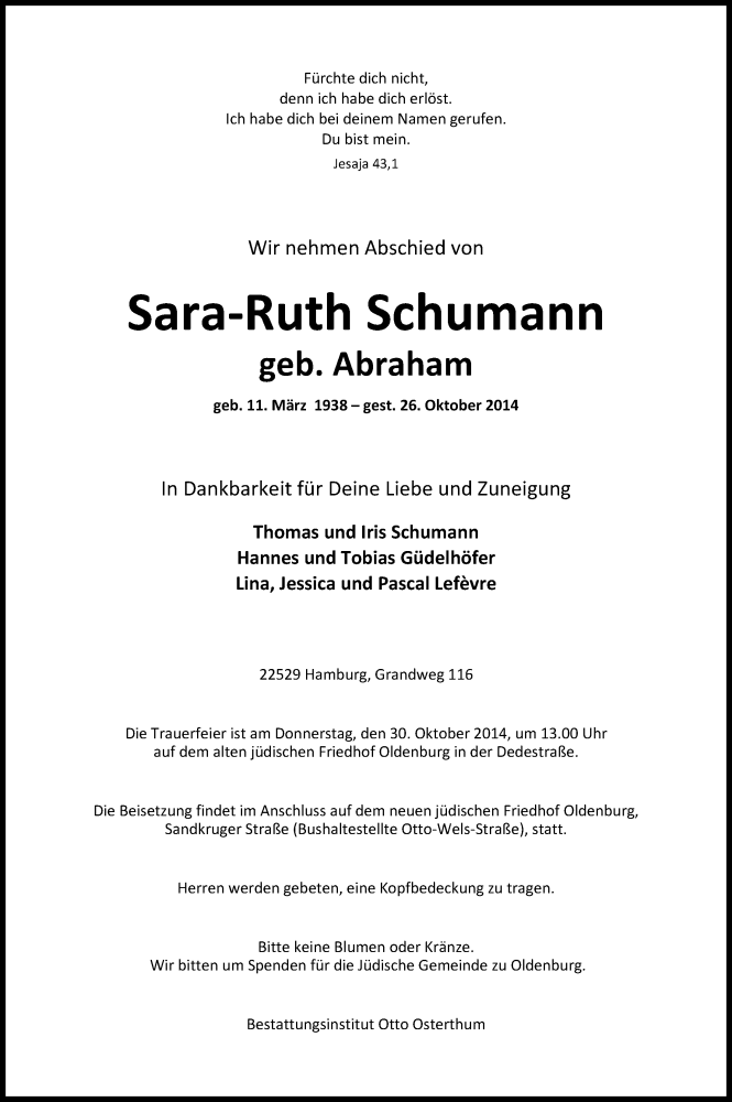  Traueranzeige für Sara-Ruth Schumann vom 28.10.2014 aus Nordwest-Zeitung