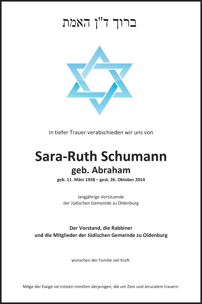  Traueranzeige für Sara-Ruth Schumann vom 28.10.2014 aus Nordwest-Zeitung