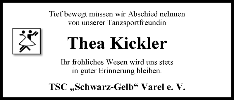  Traueranzeige für Thea Kickler vom 29.10.2014 aus Nordwest-Zeitung